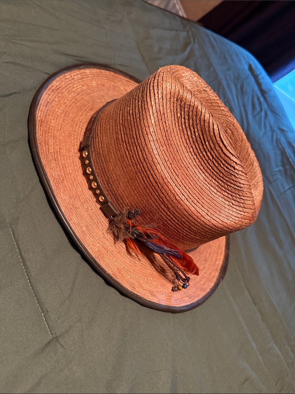 Women’s/Men's Brown Straw Fedora Hat with Feather Accent